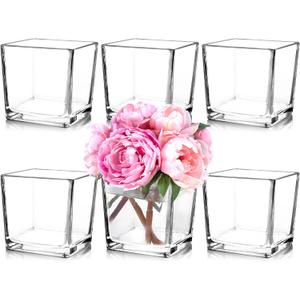 Set of 6 Square Glass Vases 5" x5" x 5", Clear Flower Vases for Centerpieces, Candle Holder for Wedding Party Events, Home Dcor