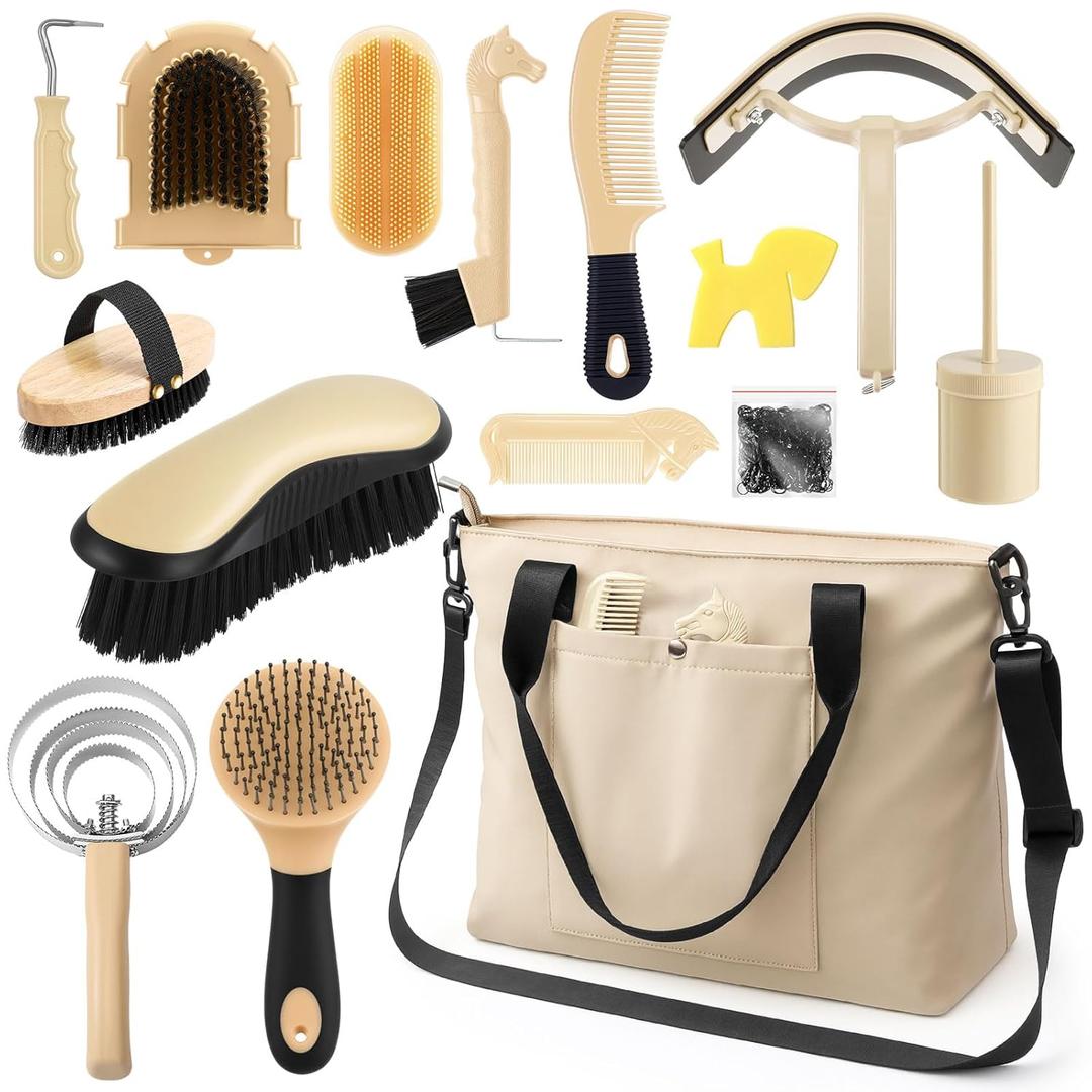 Abbylike 15 Pieces Horse Grooming Kit with Organizer Tote Bag Tack Room Supplies Horse Brush Sets Care Equine Cleaning Kit Shedding Grooming Massaging Tools (Beige)