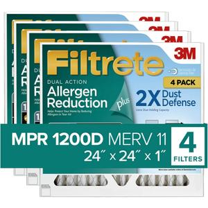 Filtrete 24x24x1 Air Filter MPR 1200D MERV 11, Allergen Reduction Plus Dust, 4-Pack Filters (exact dimensions 23.81x23.81x0.81)
