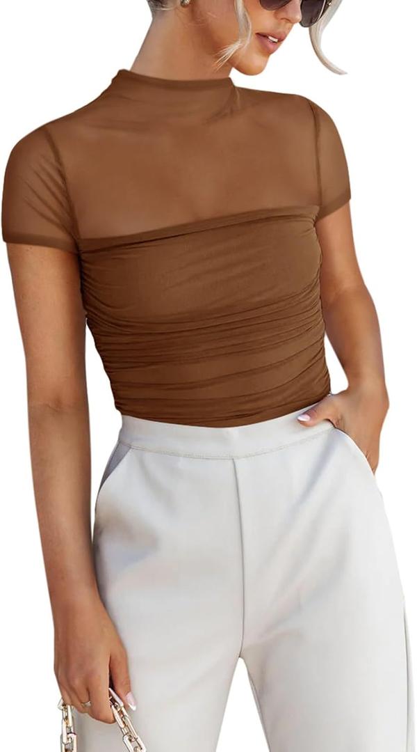 REORIA Women's Sexy Mock Turtle Neck Short Sleeve Shirts Sheer Mesh Ruched Trendy Going Out Bodysuits Tops (Coffee) XL