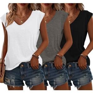 Bliwov 3 Pack Womens Cap Sleeve Tops V Neck T Shirts Summer Spring Outfits Beach Vacation Fashion Tee Blouse Workout Clothes- M