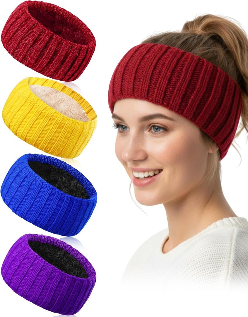 Geyoga 4 Pcs Winter Headbands for Women Fleece Lined Knit Ear Warmers Fuzzy Headbands for Cold Weather