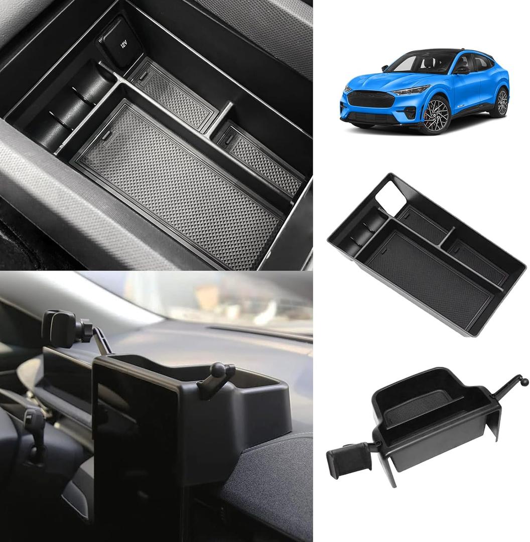 BestEvMod AOSK Center Console Organizer & Screen Back Organizer Compatible with 2021-2024 Mustang Mach E Middle Storage Box with Coin Holder 2PCS Set (V1 Console+Screen Back)