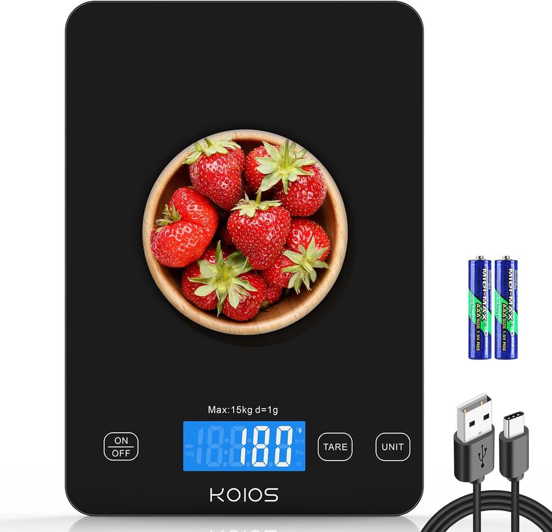 KOIOS Food Scale, 33lb/15kg Digital Kitchen Scale Weight in Grams and Ounces for Cooking Baking, 1g/0.1oz Precise Graduation, Batteries and Type-C Charging, Tare Function, LCD Display, Black