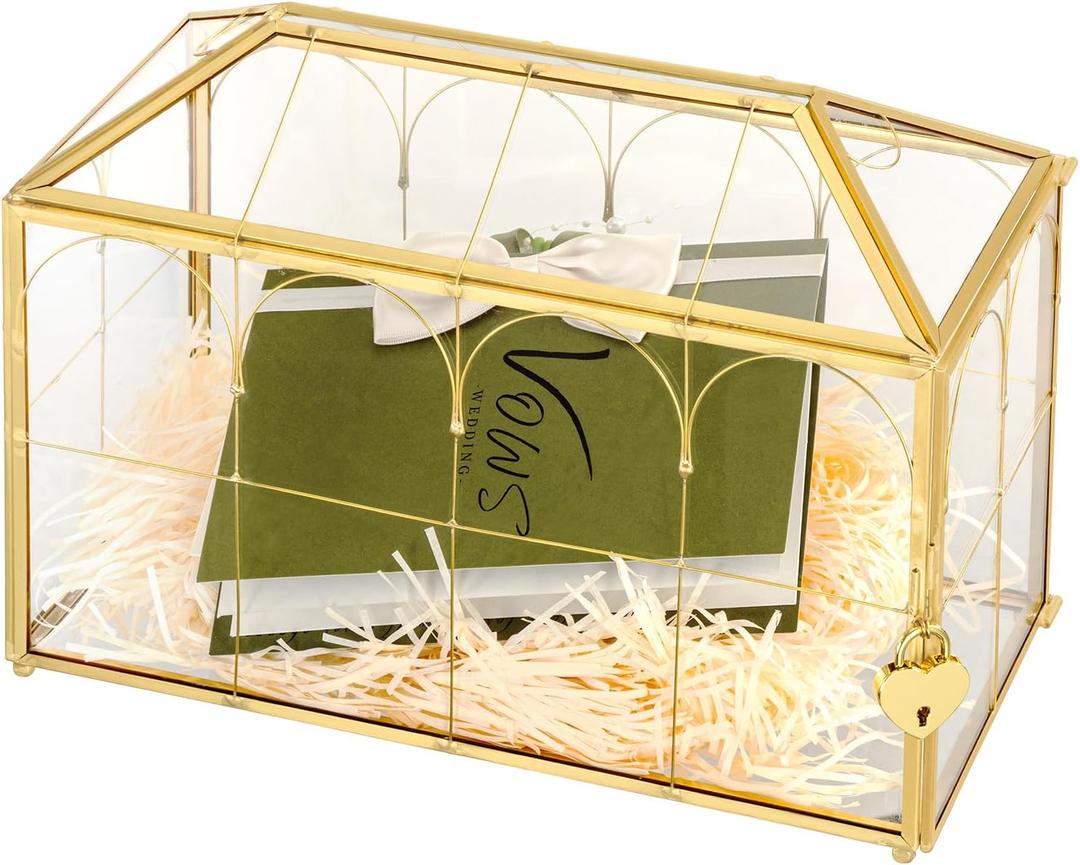 Glass Wedding Card Box with Lock and Slot, 12.6" x 6.1" x 9" Large Gold Clear Card Box for Wedding Reception, Graduation, Keepsake Display, Party Centerpiece -Gold