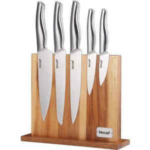 Hecef 6 Piece Kitchen Knife Block Set,All Metal Construction Hollow Handle Tapper Ground Knives Double Sided Magnet Wood Stand