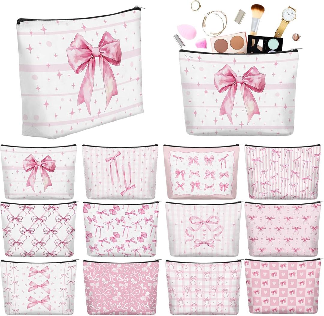 Reginary 12 Pcs Pink Bow Makeup Bags Coquette Bow Cosmetic Bags with Zippers Coquette Party Favors Pink Aesthetic Elegant Pouch Bulk Gifts for Women Stuff Christmas Birthday Supplies Travel Accessory