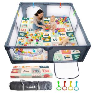 Baby Playpen with Mat 71x59 Inch Large Playpen for Babies and Toddlers Playard with Zipper Gate Safety Fence Play Pen with Soft Breathable Mesh Indoor & Outdoor Kids Activity with Playmat Dark Gray