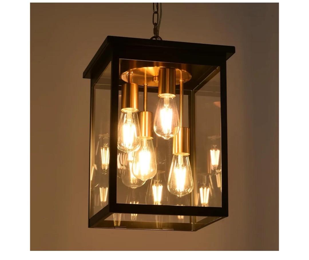 16.7'' Large Outdoor Pendant Light, 4-Lights Black and Brushed Brass Exterior Hanging Porch Chandelier Lantern with Clear Glass, Outdoor Ceiling Light Fixture for Entryway Gazebo Patio