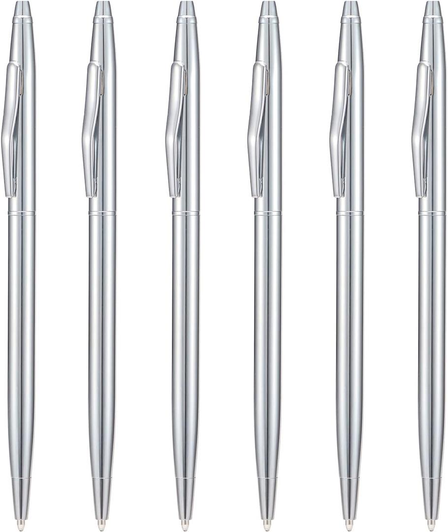 6 Pieces Wikult Silver Slim Metal Ballpoint Pen, 1mm Medium Point Black Ink Smooth Writing, for Business Office Teacher Student Wedding Guest