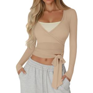 Women Wrap Tie Tops Lightweight Slim Fit Ballet Pilates Yoga Workout Active Shirts Long Sleeve V Neck Casual Tees (Large, Khaki)
