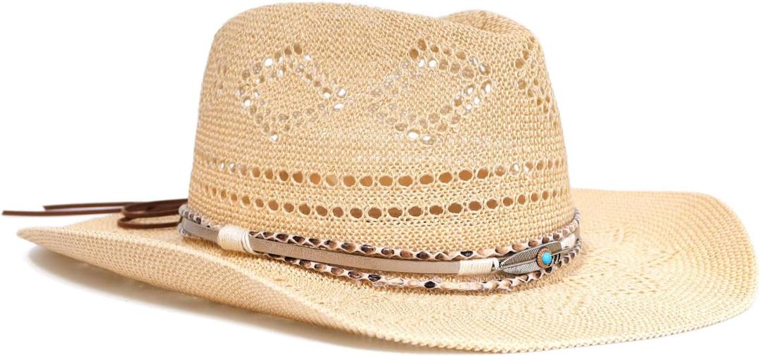 ATROPOS Straw Cowboy Hat for Women and Men with Hat Band-Cowboy Cowgirl Straw Hat Western Hats with Wide Brim for Women Sun Beach Summer Beige