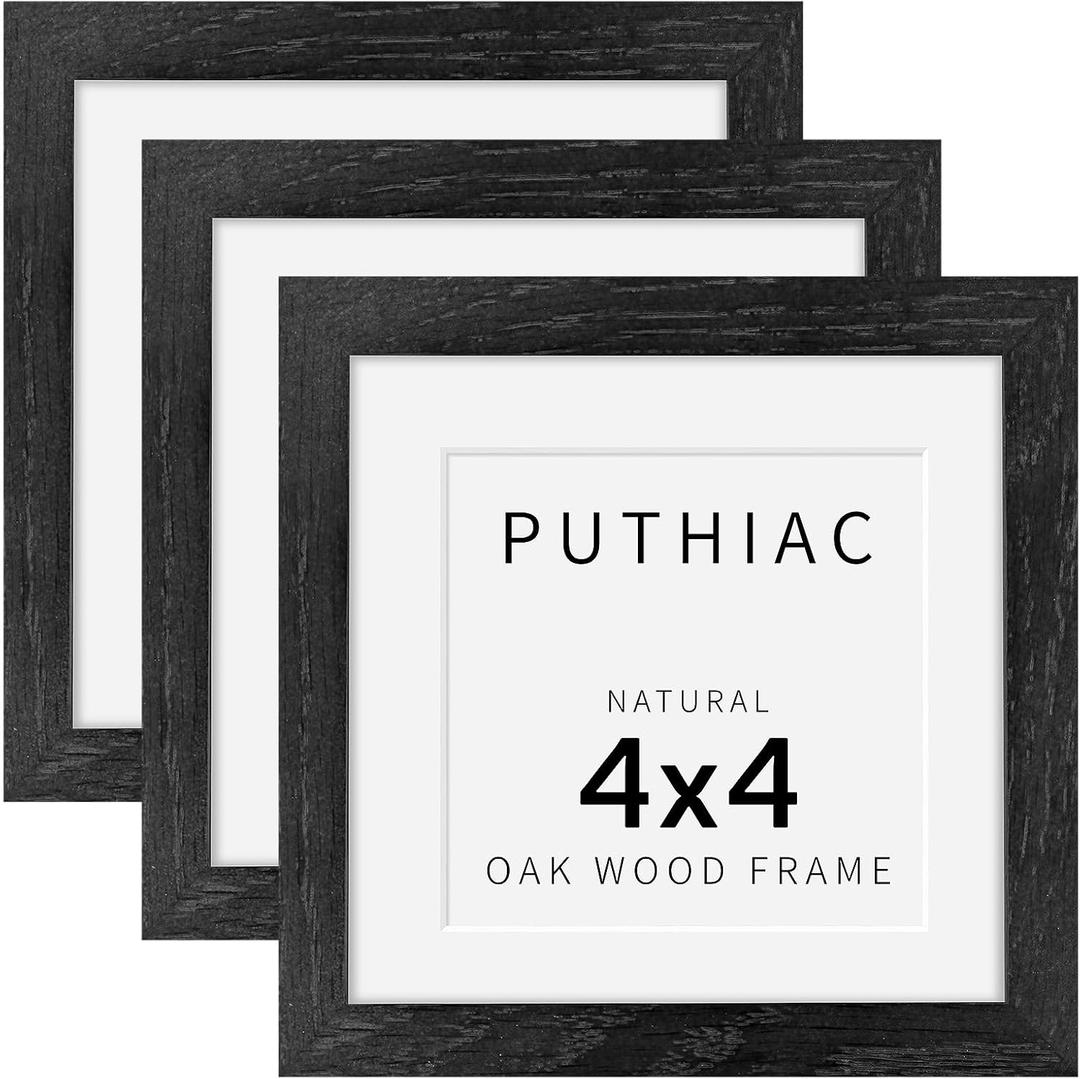 puthiac 4x4 Solid Oak Wood Picture Frame, Fits 3x3 with Mat or 4x4 Without Mat, Wall or Tabletop Display with Stand, Plexi Front, 3 Pack, Black