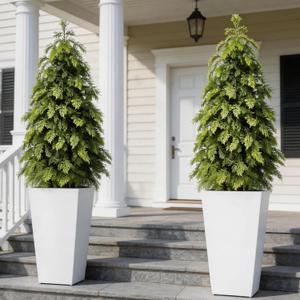 2-Pack 4FT Potted Faux Outdoor Plants UV Resistant, Weatherproof Artificial Cedar Topiary Trees with Windproof Planter, Lighted Fake Trees for Front Porch Outside Home Decor Indoor