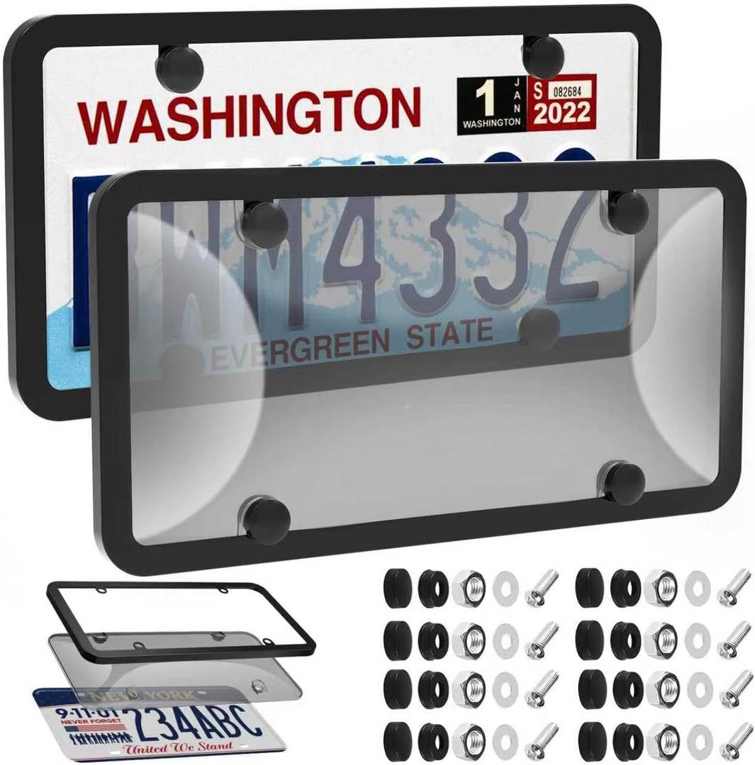 2 Pack License Plate Protector & Frame Combo, Clear Plastic Car Front/Rear Covers with Screws Caps, Car Exterior Accessories Black Universal License Plate Frame Holder for Women Men