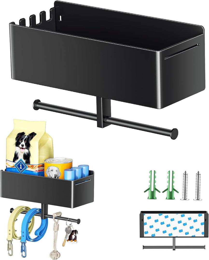 Dog Leash Holder for Wall, Dog Leash Hooks, Wall Mounted Leashes Hangers, Dog Storage Organizer, Key Holder with Storage Shelf, Pet Stuff Organizer for Pet Toys, Collar, Treats, Poop Bag (Black)