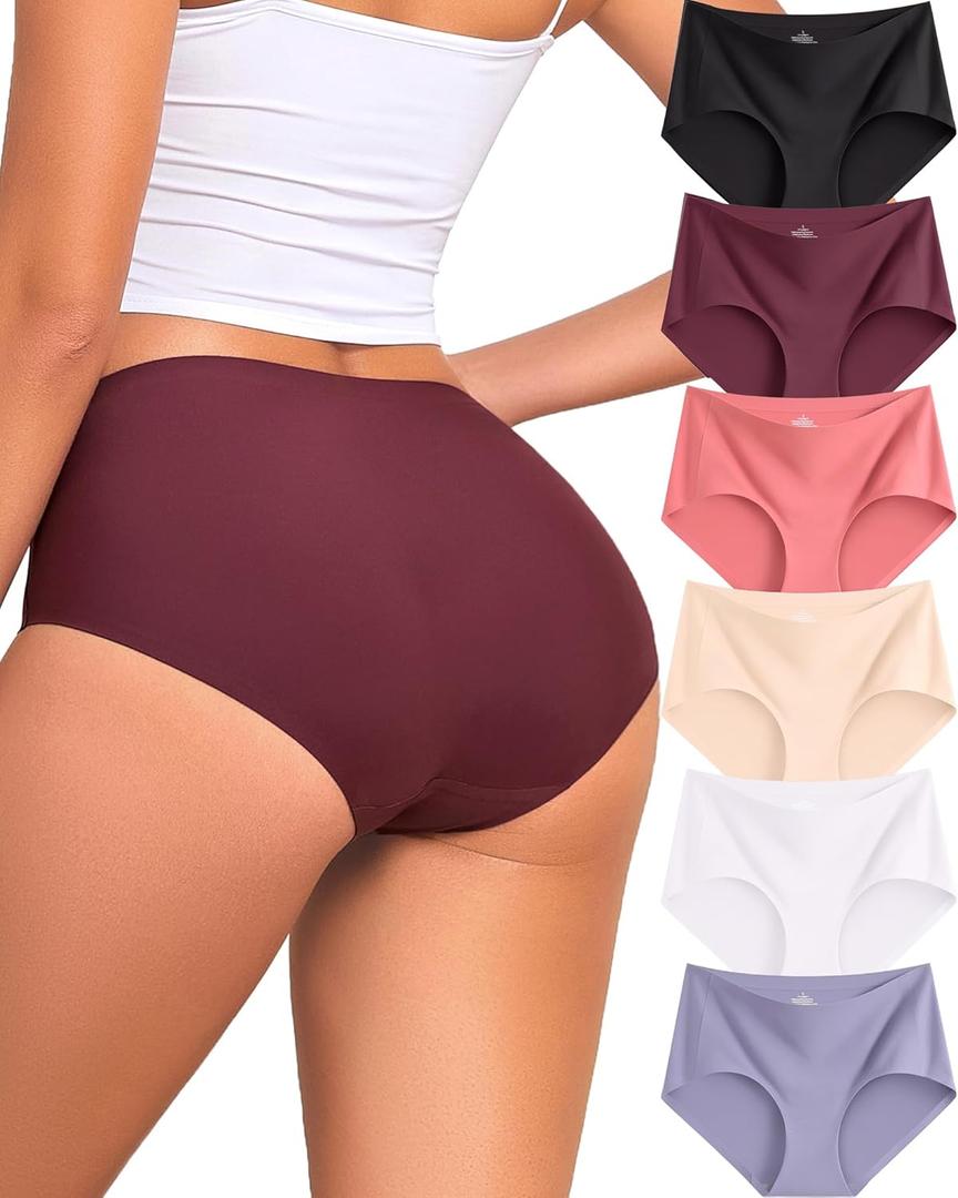 FINETOO 6 Pack Womens Seamless Underwear Full Coverage No Show Hipster Panties Sexy Stretchy Invisible Briefs Bikini Lingerie (L)