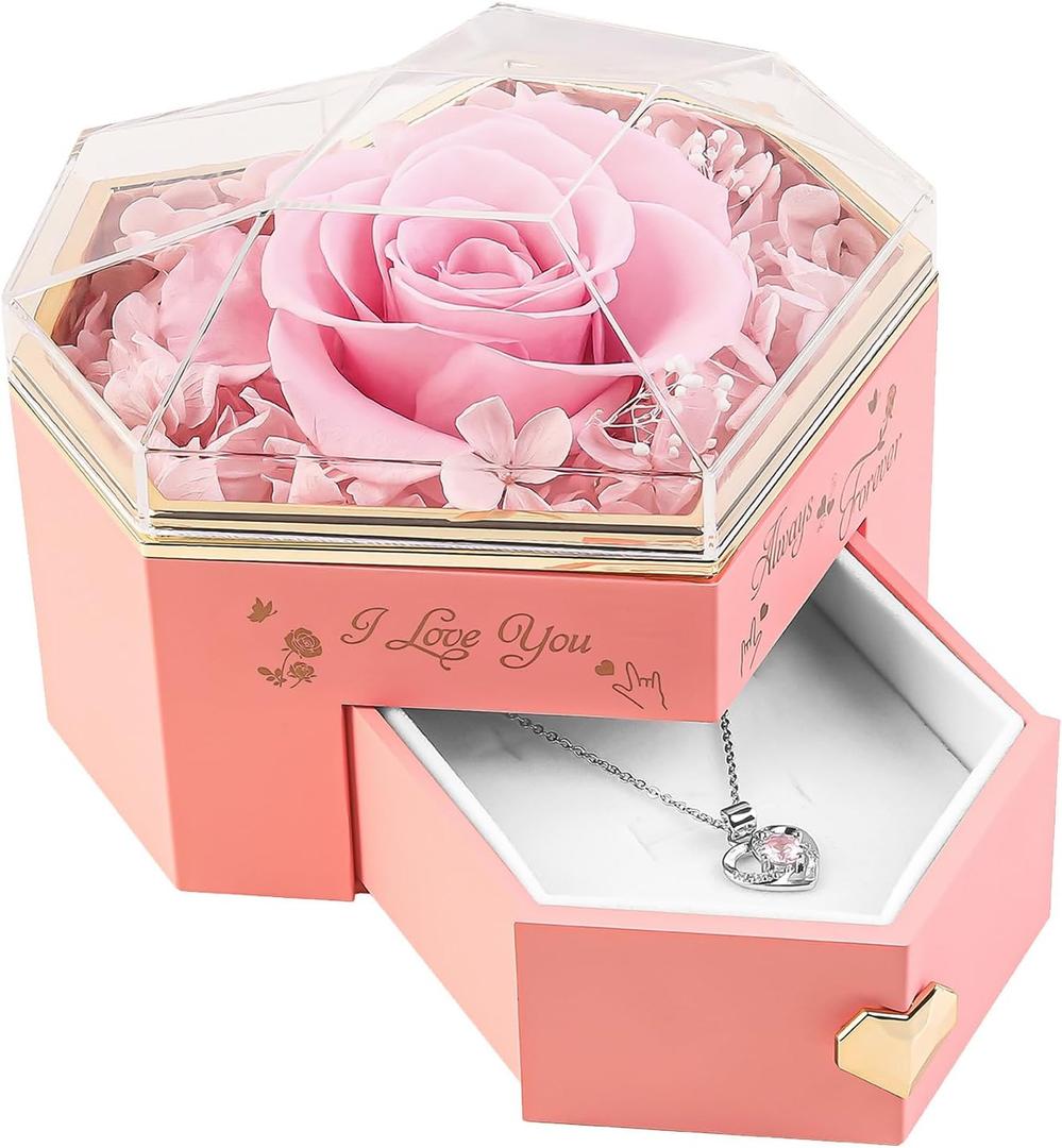 Heart Shape Preserved Real Rose Box with Necklace, Forever I Love You Roses Gifts for Her, Eternal Flowers Gifts for Women, Birthday Anniversary Thanksgiving Ideas - Pink