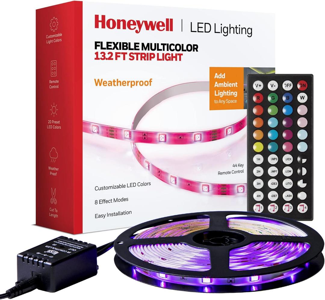 Honeywell 13.2ft Weatherproof 20-Color LED RGB Strip Light for Indoor and Outdoor Use, with Remote Control, Dimmable Lights, 4 Music Sync Modes, 8 Effects Modes