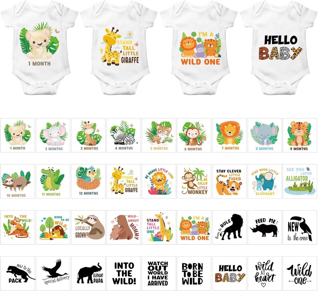 Teling 36 Pcs Iron on Decals Baby Shower Games Iron on Transfers Stickers Patches Baby Bodysuit Making Bibs Decorating Kit Patch Maker for Gender Reveal T Shirt(Safari Animal)