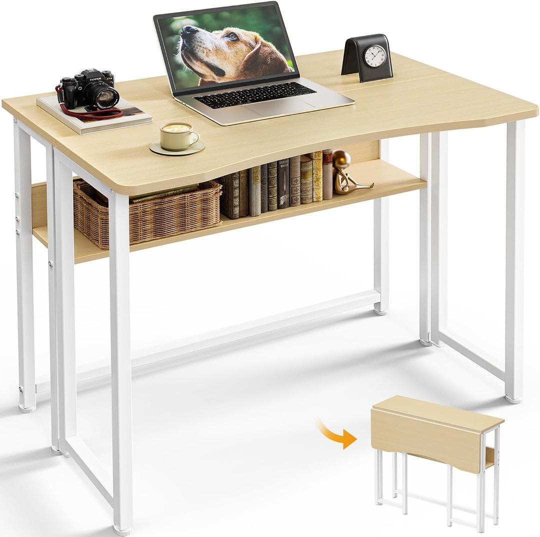 Huuger Folding Desk with Storage Shelf, 31.5 Inch Foldable Computer Table for Small Spaces, Space Saving Sofa Table for Couch, Writing Work Office Computer Desk, Easy to Fold, Oak