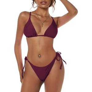 ZAFUL Women's Triangle Bikini Floral String Bikini Set Two Piece Swimsuit Bathing Suits (Large, 1-plum Pie)