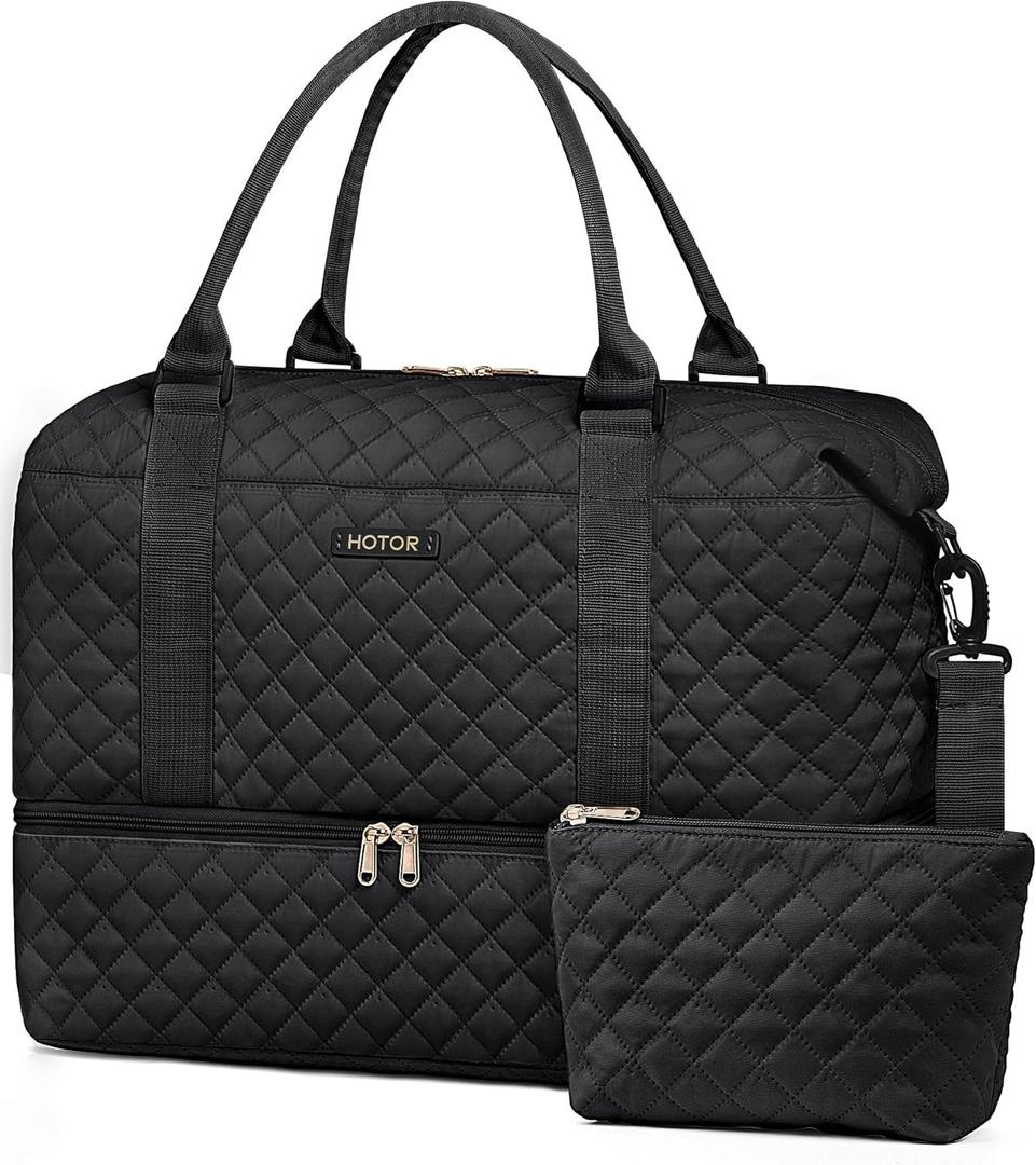 HOTOR Travel Duffel Bag - Weekender Bags for Women, Carry On Overnight Bag with Shoe Compartment, with Toiletry Bag for Travel Essentials and Travel Accessories, Black, 13.4"17.3"7.9"