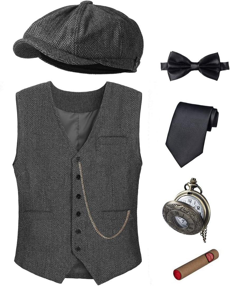 1920s Mens Costume Vest Hat Pocket Watch Accessories Set Adult Party Cosplay (X-Large, Dark Grey)