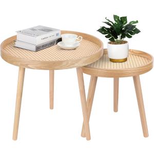 Round Coffee Table Set of 2, Natural Boho Coffee Tables, Small Mid Century Modern Rattan Coffee Table, Boho Side Table End Tables for Living Room Bedroom Office, round, 19.7-inch diameter