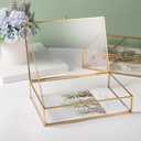 Feyarl Gold Glass Jewelry Trinket Box 5 x 7 Photo Cards Shadow Lidded Box Organizer Collection Display Case Decorative Keepsake Box for Home Deco (8.66 x 5.9 x 1.96inch)