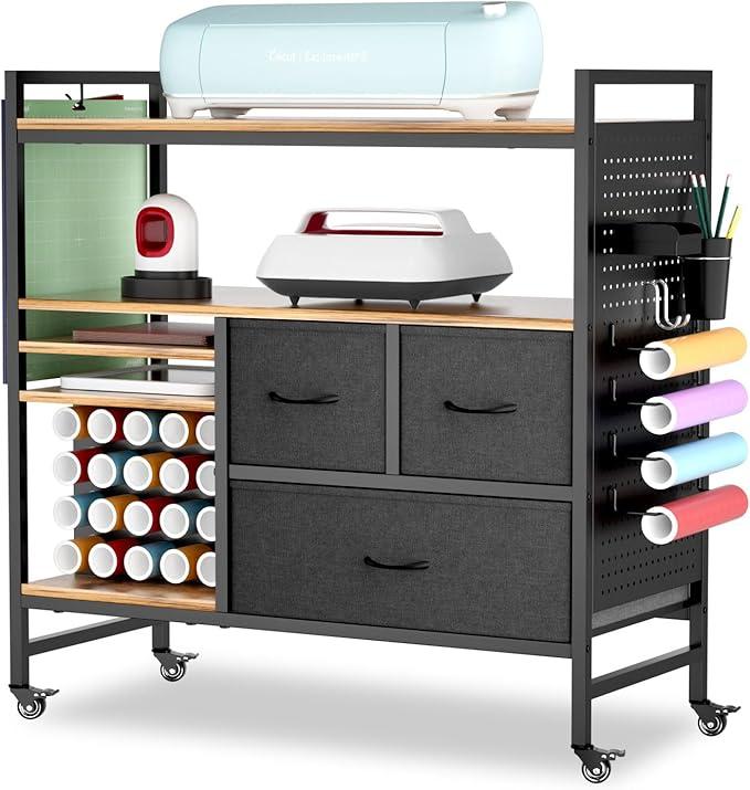PUNLUXU Organizers and Storage Compatible with Cricut Machines - Vinyl Roll Holder, DIY Pegboard with Accessories Organizer, Rolling Craft Table with Storage Cabinet Workstation PU-01 Patent Protected