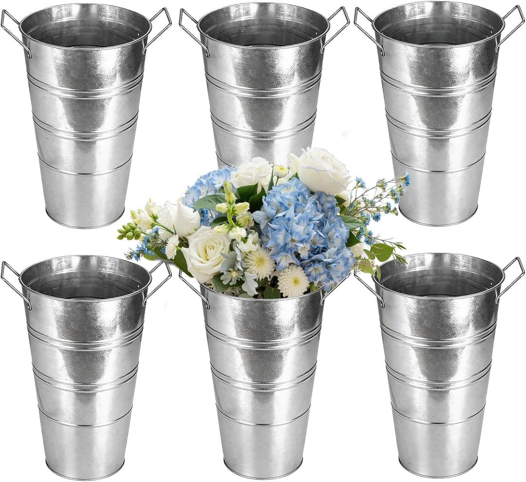 12 Inch Galvanized Flower Buckets, 6 Pcs Farmhouse Metal Flower Vases French Tin Planter Bucket for Party Wedding Centerpiece, Vintage Home Table Decor, French Country (Silver)