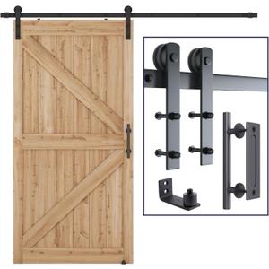 SMARTSTANDARD 8.2 FT Heavy Duty Sturdy Sliding Barn Door Hardware Kit, Black, (Whole Set Includes 1x Pull Handle Set & 1x Floor Guide) Fit 42"-48" Wide Door Panel (I Shape Hanger)