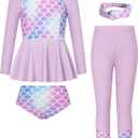 GRACE KARIN Girls Long Sleeve Swimsuit Mermaid Bathing Suit Rash Guard Swimwear 4 Piece Size 8 (Purple)