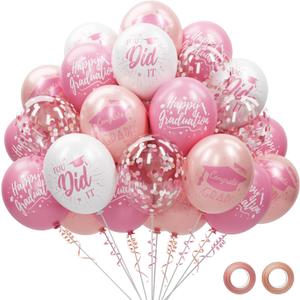 74 Pack Pink and Rose Gold Graduation Balloons Class of 2026 Graduation Decorations - 12 Inch Pink White Congrats Grad Balloons with Ribbons, 2026 Grad Party Decorations for College, High School