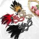 Lace Masquerade Mask for Women Mardi Gras Rhinestone Mask with Feather 1920s Venetian Party Accessories