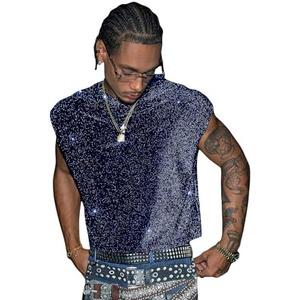 RoseSeek Men's Sequin Tank Top Glitter Crew Neck Sleeveless Tops Party Club Vest Rave Outfits Streetwear,XXL