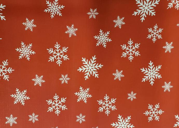 Peva Vinyl Tablecloth, 52" x 70", WINTER CHRISTMAS, SNOWFLAKES ON RED