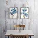 Blue Flower Wooden Artwork Framed: Bloom Wall Art Floral Painting Print for Dining Room (11''W x 16''H x 2 PCS, Multiple Sizes/Material)