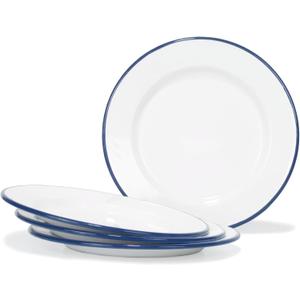Red Co. Set of 4 Enamelware Metal Classic 10" Round Dinner Plate, Solid White/Navy Blue Rim