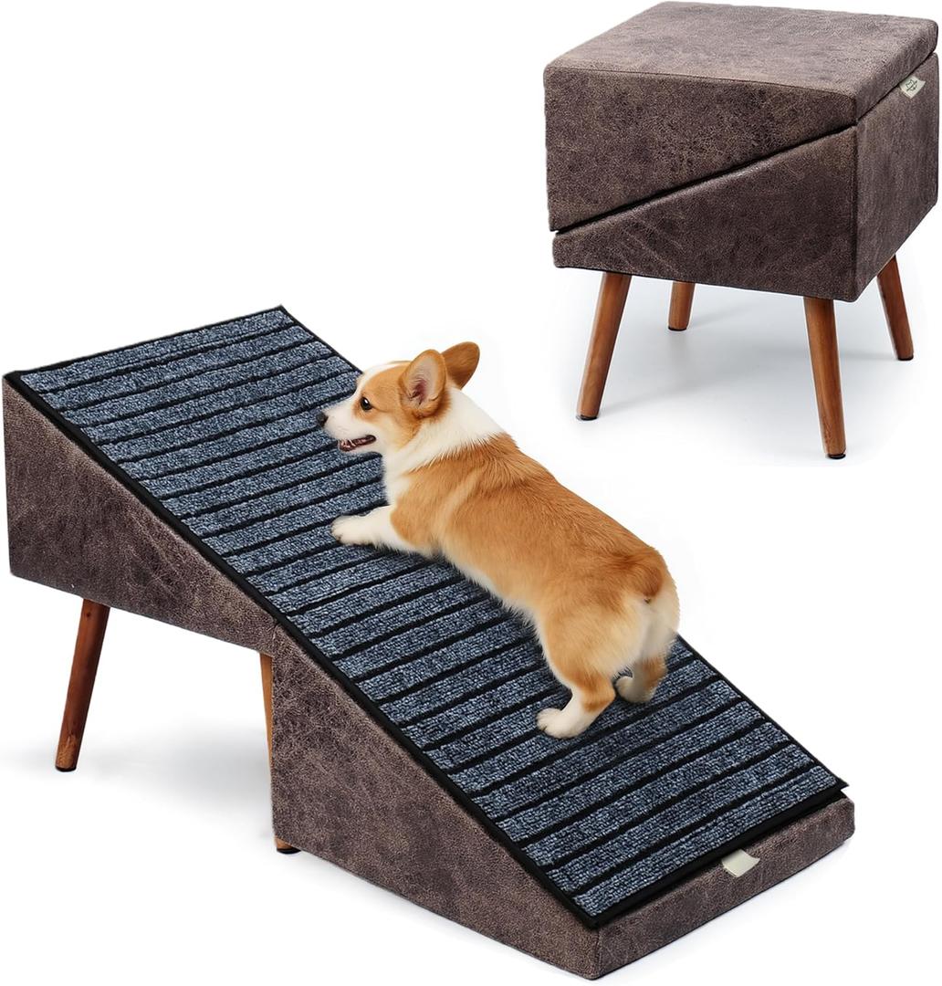 2-in-1 Dog Ramp and Stairs for Bed and Couch, 17 Inch High,Foldable Ottoman Ramp with Non-Slip Replaceable Carpet, Joint Relief for Small and Large Dogs (Brown)