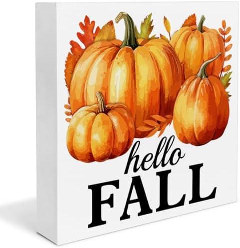 Fall Decor - Hello Fall Decorations Farmhouse Fall Pumpkin Wooden Decorative Sign Home Decor for Desk Table Shelf 5 x 5 Inches.  Fall Home Decor, Autumn Wooden Sign Decor Desk Sign Sweater Weather Wooden Block Sign Rustic Home Shelf Wall Decoration