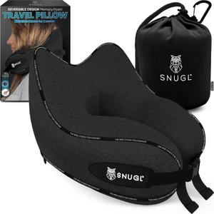 SNUGL Neck Travel Pillow - Memory Foam Airplane Pillow - Flight Pillow | Neck Support Travel Pillow with Carry Bag & Clip | Neck Pillows for Sleeping Travel Plane | Flying Travel Essentials - Black (Adult Regular, Jet Black)