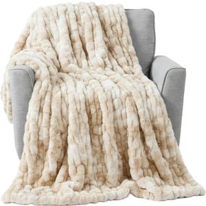 Lavish Home Oversized Ruched Faux Fur Blanket - 60x80-Inch Jacquard Faux Fur Queen-Size Throw for Sofas and Beds - Luxurious Bedding (Beige)