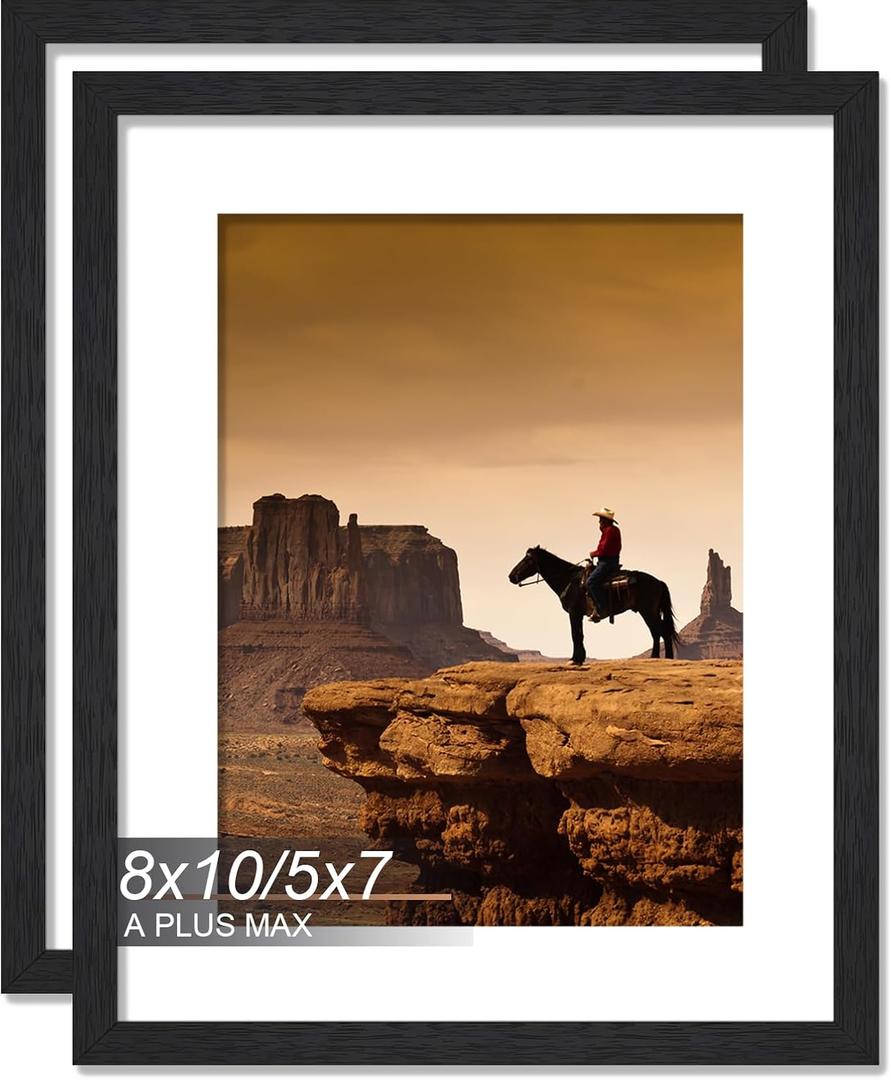 A PLUS MAX 8x10 Picture Frame Set of 2, Black Engineered Wood Frame for 8 x 10 Inch Picture Poster Photo, Light Weight 8 by 10 Frame with Wood-grain for Wall - 2 Pack/Black/8"x10"