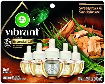 Air Wick Plug In Scented Oil Refills, Sweetgrass + Sandalwood, Air Fresheners for Home Long Lasting, Room Fresheners,Air Freshener Plug In, Essential Oils, Home Essentials for Small&Large Spaces,5 ct