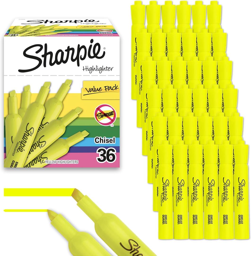 Sharpie Tank Style Highlighters, Chisel Tip, Fluorescent Yellow, 36 Count
