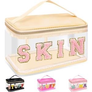 Chenille Letter Clear Makeup Bags Skin Pouch, Preppy Patch Makeup Bag Zipper with Handle, Transparent PVC & Nylon Waterproof Glitter Cosmetic Handbag Travel Toiletry Storage for Women Girl(SKIN-Beige)