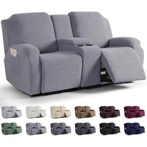 KinCam Loveseat Recliner Covers with Middle Console Slipcover, Recliner Sofa Covers 2 Seat Couch Cover Stripe Jacquard Furniture Protector Covers with Elastic Bottom for Kids, Pets (Light Gray)