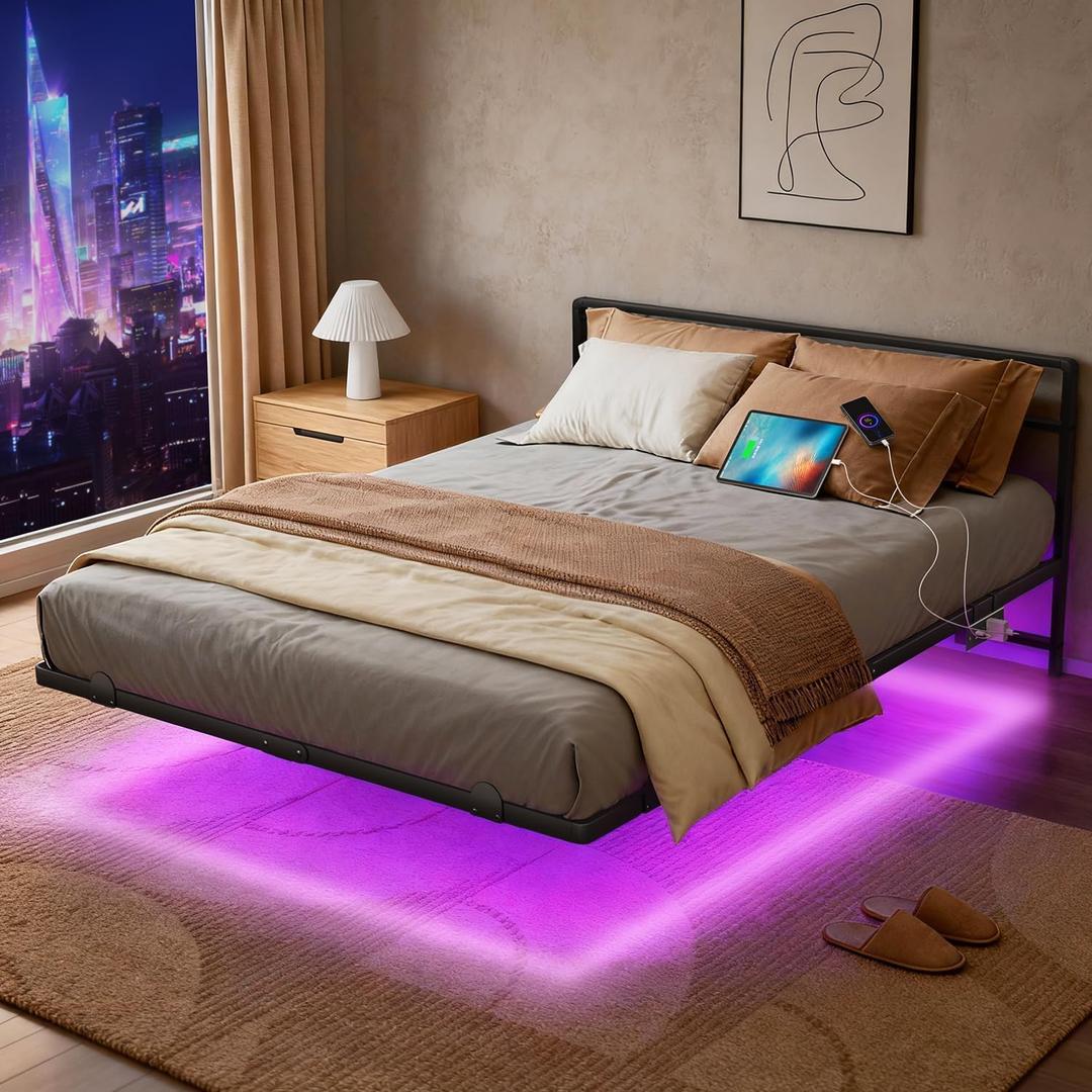 AGXI Queen Bed Frame with Headboard, 14 Inch Floating Bed with Smart LED Lights and USB Charging Station, Easy Assembly, No Box Spring Needed